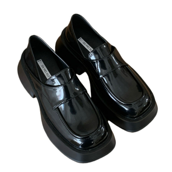 Kozni loaferi u koledž stilu s okruglim vrhom, dvostruki slip-on, gornji dio od kravlje kože, debeli pet, gumeni potplat