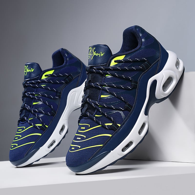 Férfi futócipők vastag talppal, lélegző hálós felsőrész, PU talp, fűzős zárás, alacsony felső rész, ütéscsillapító rendszer