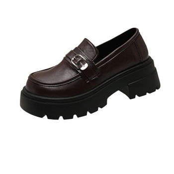 Ženske kožne loafers bez vezivanja, s okruglim vrhom i debelim petom, PU gornji dio, gumena podplata, britanski stil