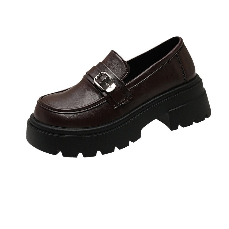 Ženske kožne loafers bez vezivanja, s okruglim vrhom i debelim petom, PU gornji dio, gumena podplata, britanski stil