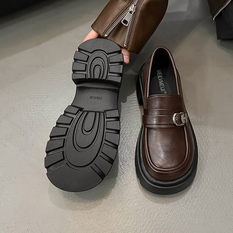 Ženske kožne loafers bez vezivanja, s okruglim vrhom i debelim petom, PU gornji dio, gumena podplata, britanski stil