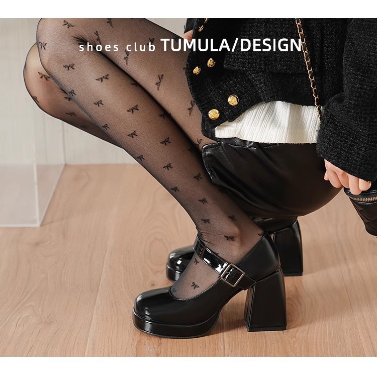 Bőr Mary Jane cipő, kerek orrú, 6–8 cm vastag sarok, gumitalp