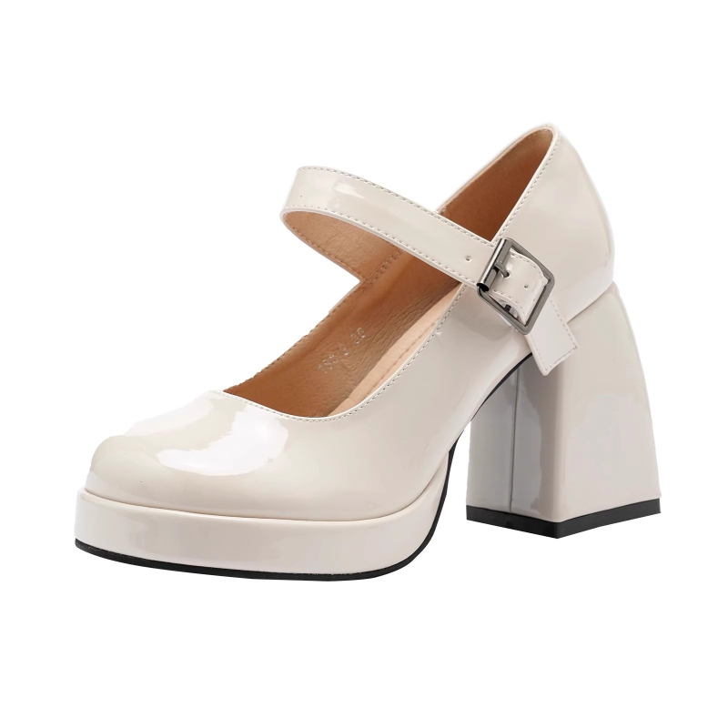 Bőr Mary Jane cipő, kerek orrú, 6–8 cm vastag sarok, gumitalp