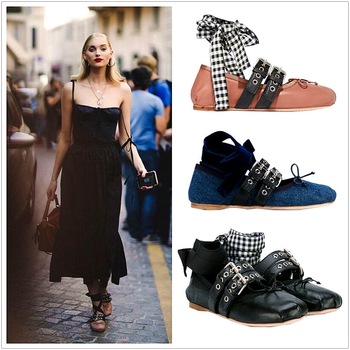 Ženske balerine s mašnicom, ukršteni remenići, okrugli vrh, sintetička koža, gumeni potplat, kopča