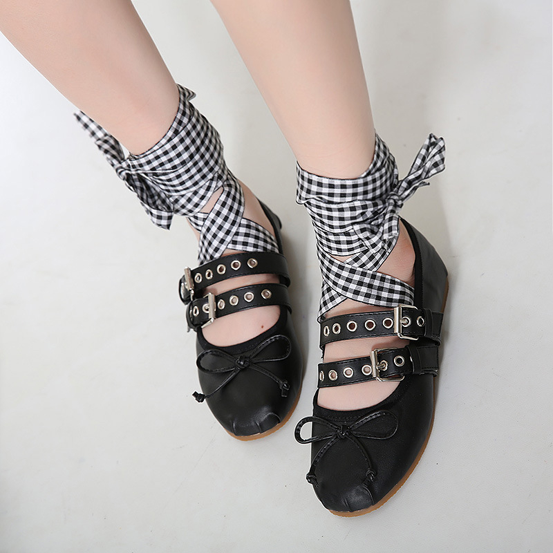 Ženske balerine s mašnicom, ukršteni remenići, okrugli vrh, sintetička koža, gumeni potplat, kopča