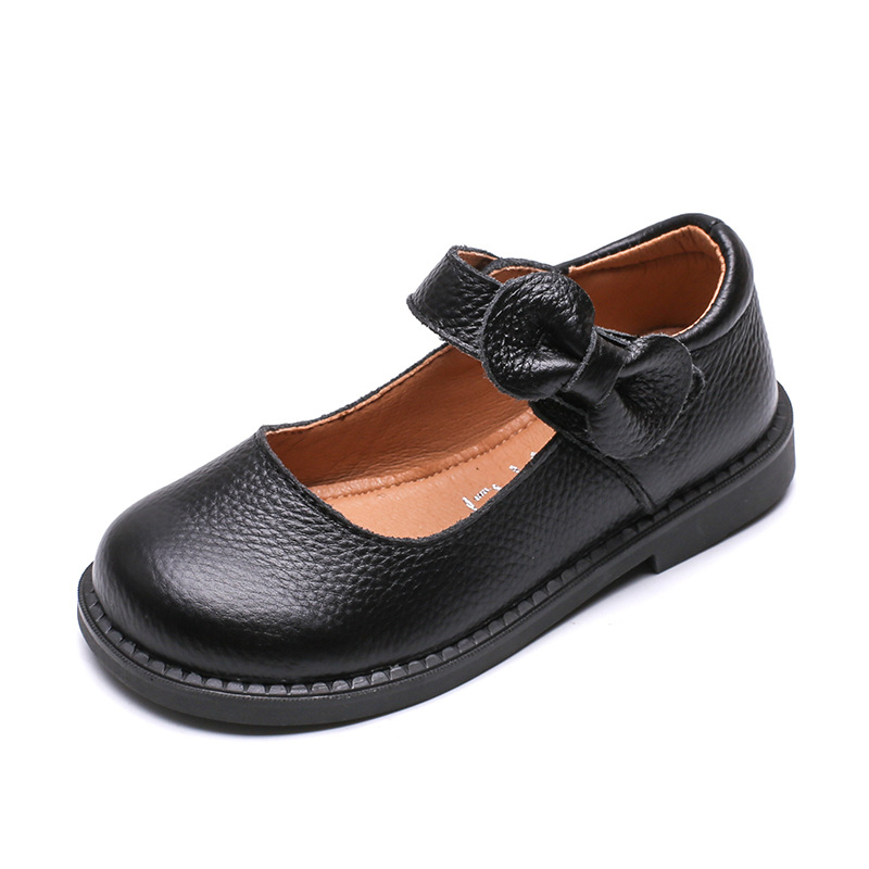 Cipele za djevojčice od prave kože, crne, s Velcro zatvaranjem, stil princeze, za školu i nastupe, proljeće-jesen, PU unutarnja uložak, gumeni potplat, protuklizne, otporne, prozračne, apsorpcija udara. Xiao Shi Xiao Hao