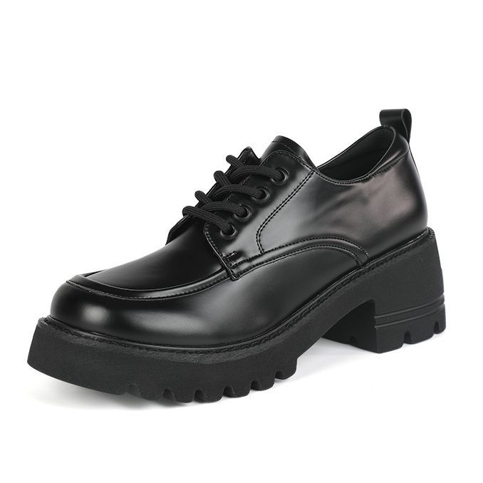 Loferice od prave kože, kvadratnog vrha, debeli 6–8 cm potpetica, gumeni đon, korejski stil