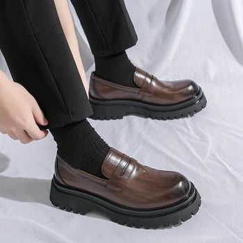 Muške PU kožne loaferice s gumom, okrugli nos, visina pete 3–5 cm, kreativni/koledžni stil, proljeće 2025