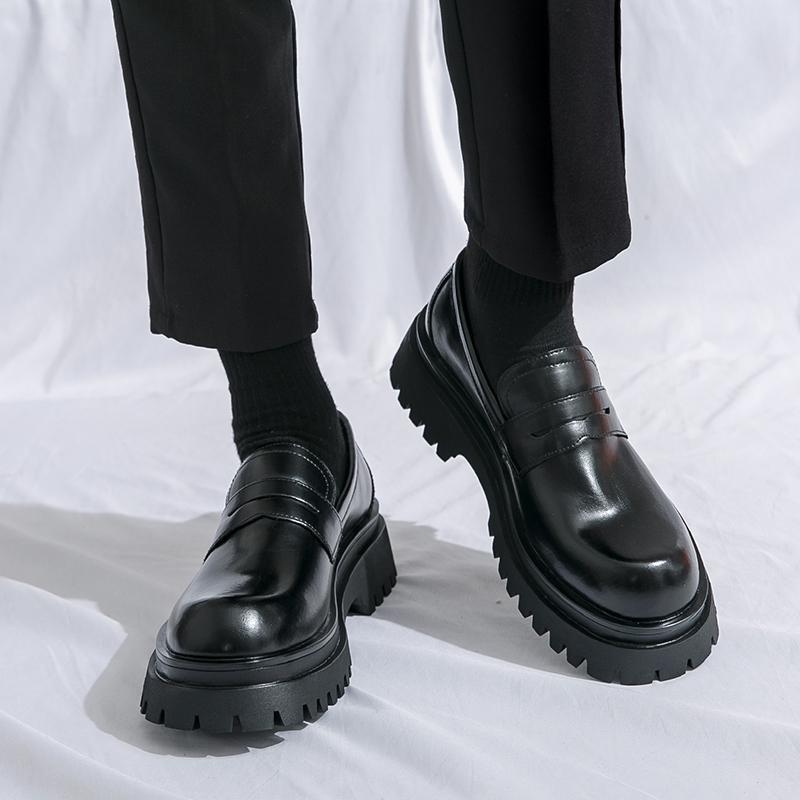 Muške PU kožne loaferice s gumom, okrugli nos, visina pete 3–5 cm, kreativni/koledžni stil, proljeće 2025