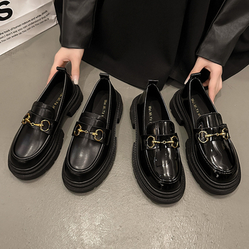 Loafers v britskom štýle s okrúhlym špičkou, PU vrchný materiál, 3–6 cm stredný podpätok, gumová podrážka, nízky členok