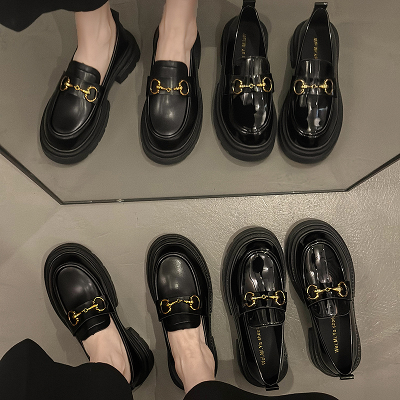 Loafers v britskom štýle s okrúhlym špičkou, PU vrchný materiál, 3–6 cm stredný podpätok, gumová podrážka, nízky členok