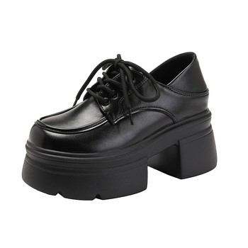 Loaferi s debelim potplatom, okrugli vrh, unutarnje povećanje visine 12 cm, ženske kožne cipele s fleec podstavom, vezanje, retro školski stil