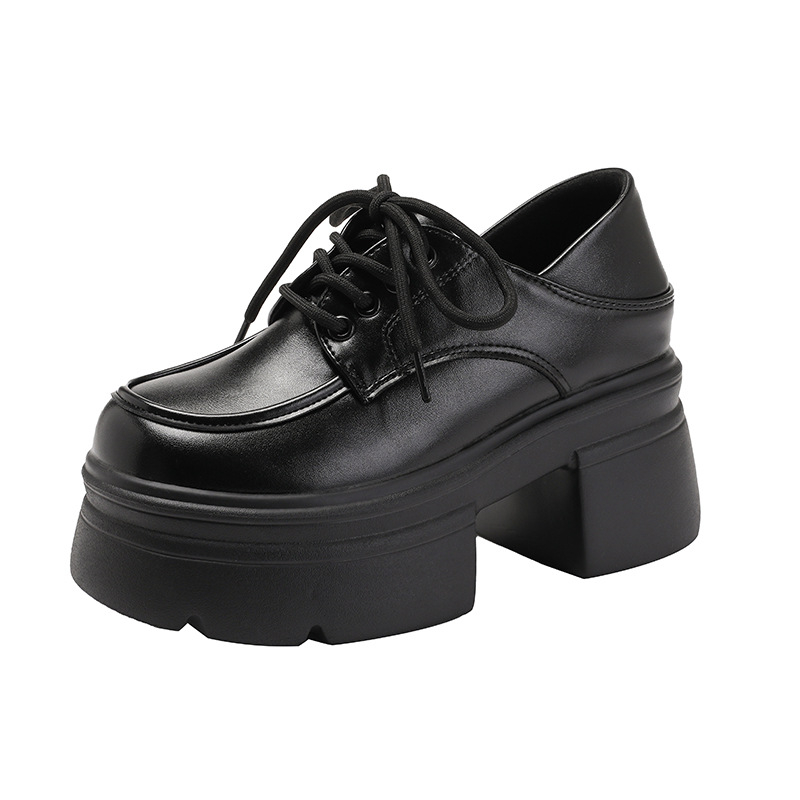 Loaferi s debelim potplatom, okrugli vrh, unutarnje povećanje visine 12 cm, ženske kožne cipele s fleec podstavom, vezanje, retro školski stil