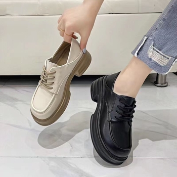 Ženske kožne loaferice s debelim potplatom, vezanje, okrugli vrh, srednji peta 3-5 cm, JK školski stil, svakodnevne cipele