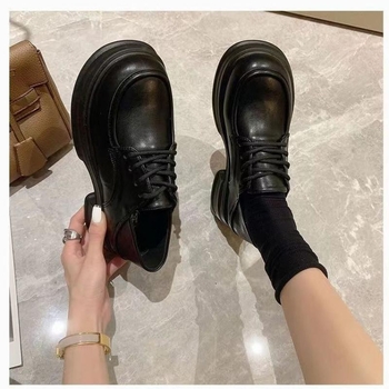 Ženske kožne loaferice s debelim potplatom, vezanje, okrugli vrh, srednji peta 3-5 cm, JK školski stil, svakodnevne cipele