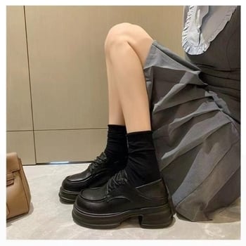 Ženske kožne loaferice s debelim potplatom, vezanje, okrugli vrh, srednji peta 3-5 cm, JK školski stil, svakodnevne cipele