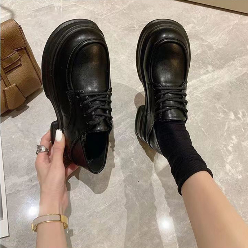 Ženske kožne loaferice s debelim potplatom, vezanje, okrugli vrh, srednji peta 3-5 cm, JK školski stil, svakodnevne cipele