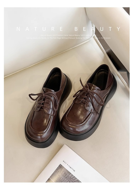 Loafers u britanskom stilu s okruglim vrhom, PU gornji dio, debeli pet, gumena potplat