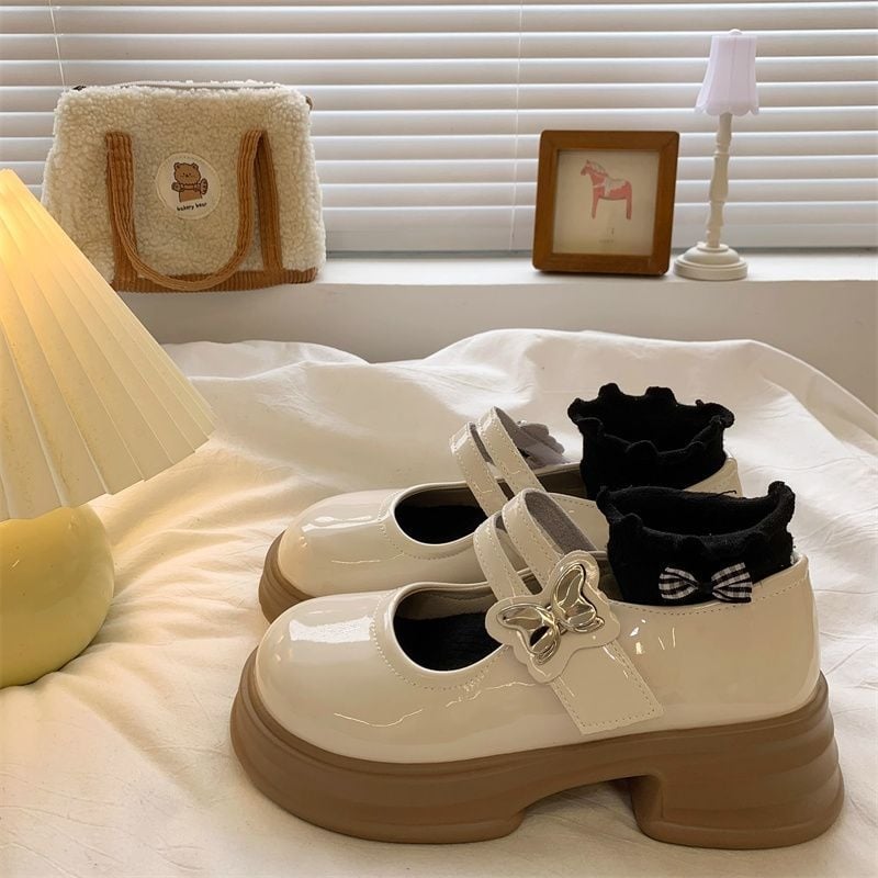 Női Mary Jane bőrcipő, japán stílus, kerek orr, PU felsőrész, gumírozott talp (Középmagas sarkú 3–5 cm; PU felsőrész; Gumírozott talp; Kerek orr)