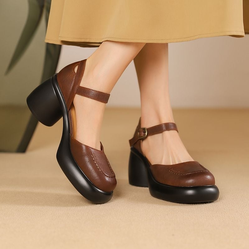 Mary Jane vysoké opätky s prackou, PU vrchná časť, okrúhla špička, hrubý podpätok 3–5 cm