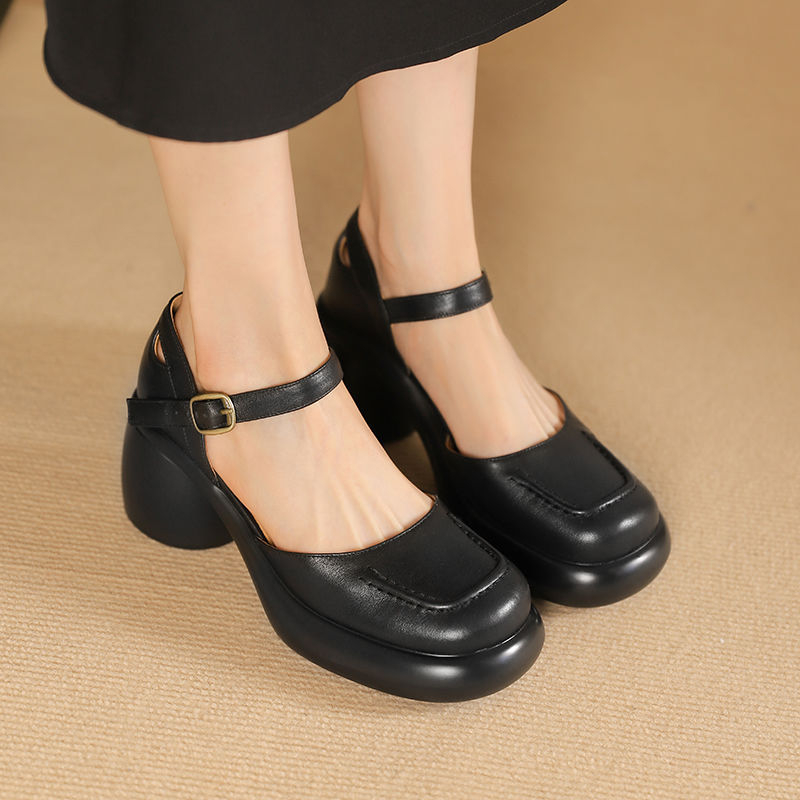 Mary Jane vysoké opätky s prackou, PU vrchná časť, okrúhla špička, hrubý podpätok 3–5 cm