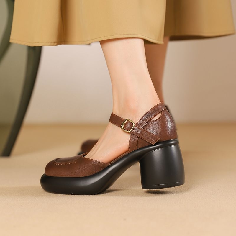 Mary Jane vysoké opätky s prackou, PU vrchná časť, okrúhla špička, hrubý podpätok 3–5 cm