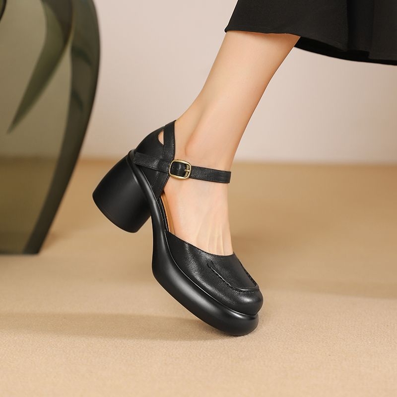 Mary Jane vysoké opätky s prackou, PU vrchná časť, okrúhla špička, hrubý podpätok 3–5 cm