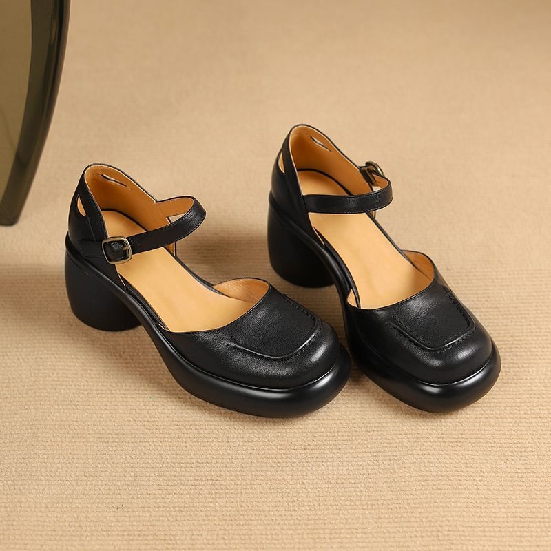 Mary Jane vysoké opätky s prackou, PU vrchná časť, okrúhla špička, hrubý podpätok 3–5 cm