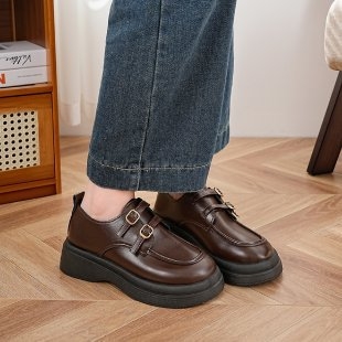 Ženske PU kožne loafers s debelim potplatom za povećanje visine, Mary Jane platforma, britanski stil, okrugli vrh, 3–5 cm peta
