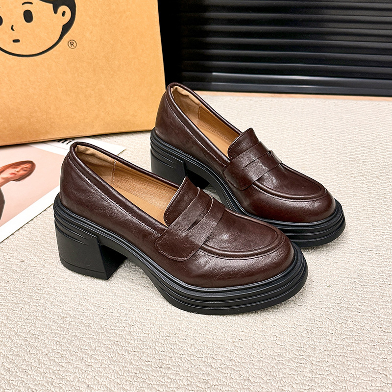 Vintage loafer s debelim potplatom, slip-on, sveučilišni stil, PU gornji dio, okrugla špička, 6–8 cm debeli pet