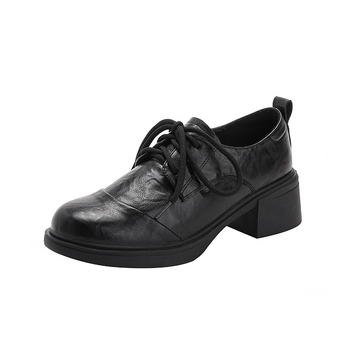 Ženske kožne cipele s okruglim nosem, debeli srednji pet 3–5 cm, retro stil, gumeni potplat