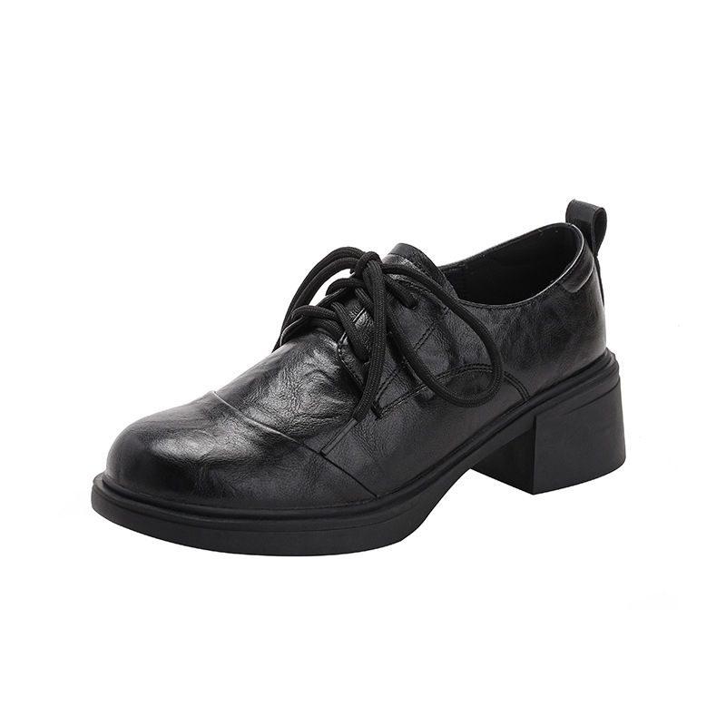 Ženske kožne cipele s okruglim nosem, debeli srednji pet 3–5 cm, retro stil, gumeni potplat