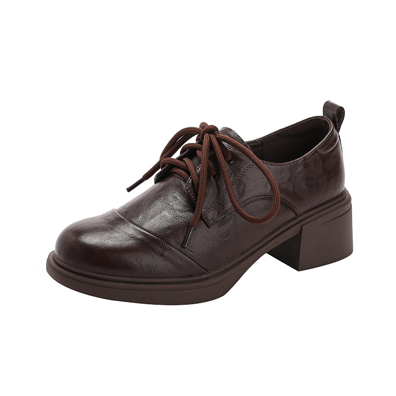 Ženske kožne cipele s okruglim nosem, debeli srednji pet 3–5 cm, retro stil, gumeni potplat