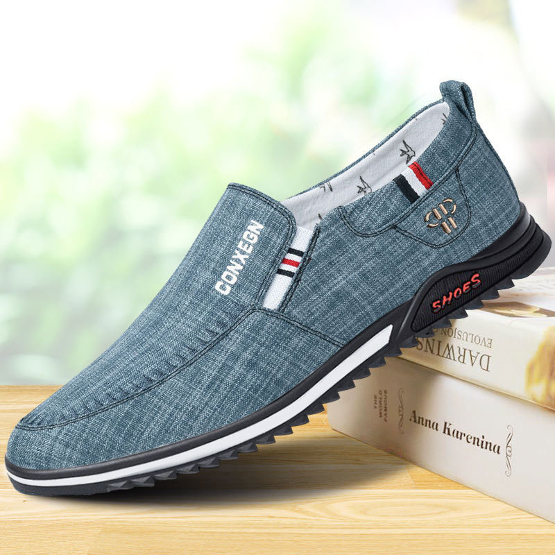Loferice od platna, prozračne udobne, okrugla nosnica, ravna peta, slip-on s prednjim remenom, tekstilna podstava