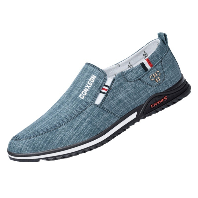 Loferice od platna, prozračne udobne, okrugla nosnica, ravna peta, slip-on s prednjim remenom, tekstilna podstava