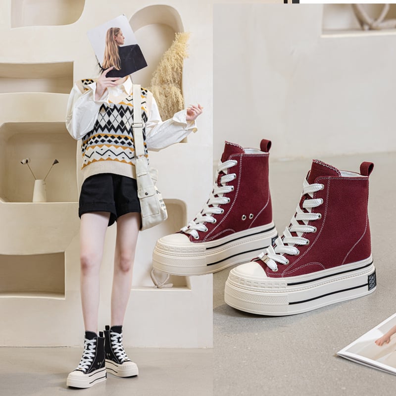 Pantofi din pânză cu creștere înălțime; șireturi; înălțime medie; talpă din cauciuc