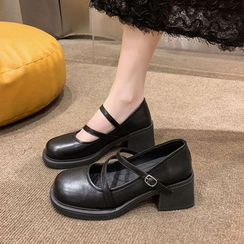 Malé kožené Mary Jane topánky s hrubým podpätkom, remienok s prackou, PU horná časť, gumová podrážka, guľatý nos