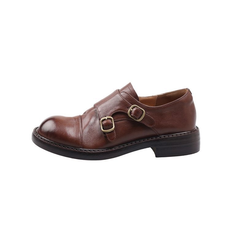 Ženske kožne loaferice u britskom vintage stilu, okrugli vrh, kožni gornji dio, niski gležanj, 3–5 cm visina pete, gumeni potplat