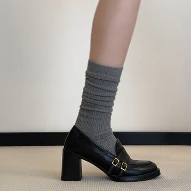 Loafers stil britanic cu vârf rotund, exterior din piele microfibră, talpă groasă 6-8 cm, talpă de cauciuc, branț din piele naturală