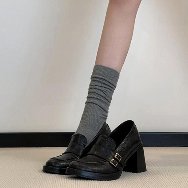 Loafers stil britanic cu vârf rotund, exterior din piele microfibră, talpă groasă 6-8 cm, talpă de cauciuc, branț din piele naturală