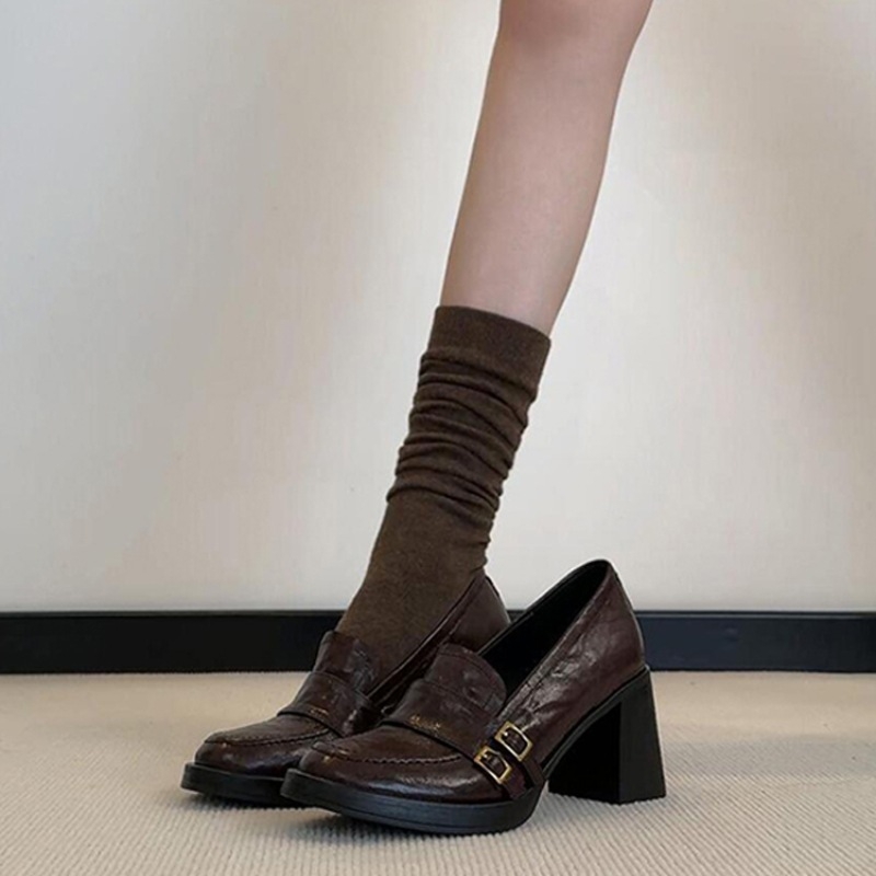 Loafers stil britanic cu vârf rotund, exterior din piele microfibră, talpă groasă 6-8 cm, talpă de cauciuc, branț din piele naturală