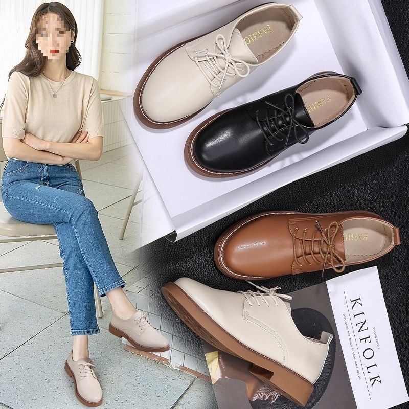 Pantofi Oxford damă, vârf rotund, din piele split, închidere cu șireturi, talpă din cauciuc, toc mic