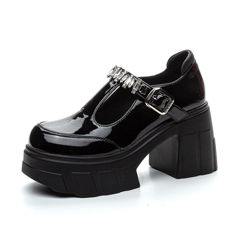 Ženske platforme loafers s kopčom, gornji dio od mikrovlakana, okrugli zaobljeni vrh, PU potplat, visina pete iznad 8 cm
