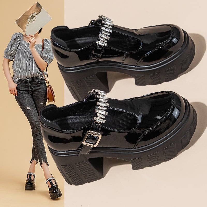 Ženske platforme loafers s kopčom, gornji dio od mikrovlakana, okrugli zaobljeni vrh, PU potplat, visina pete iznad 8 cm