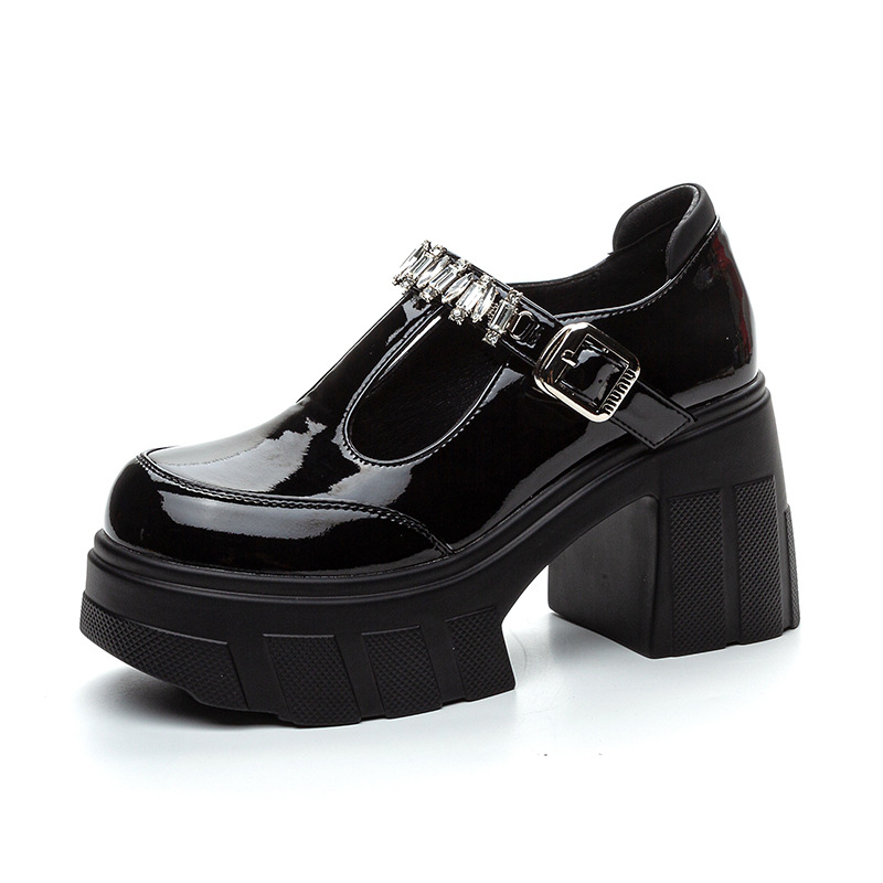 Ženske platforme loafers s kopčom, gornji dio od mikrovlakana, okrugli zaobljeni vrh, PU potplat, visina pete iznad 8 cm