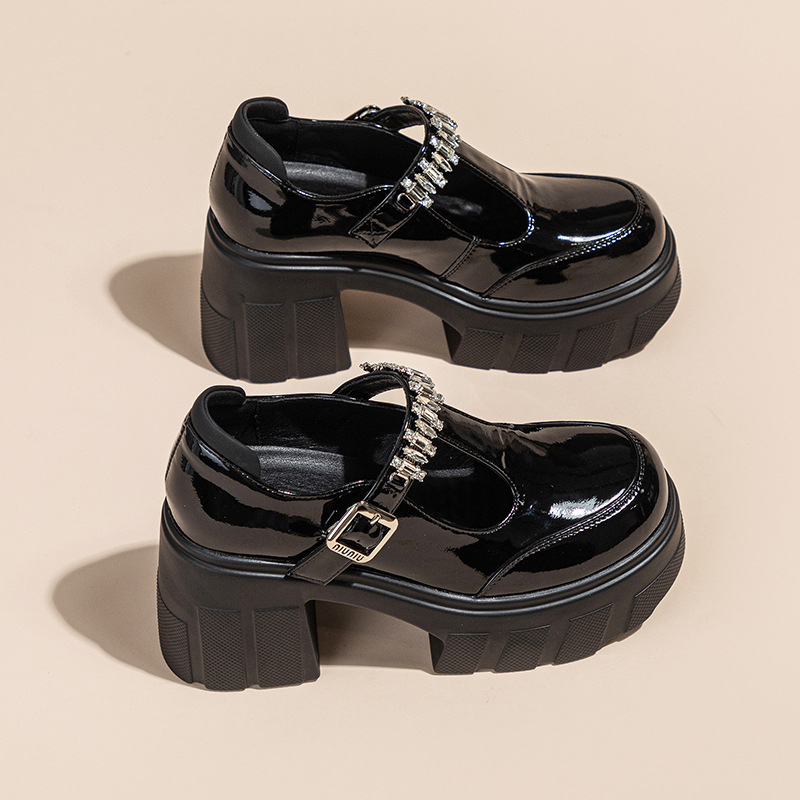 Ženske platforme loafers s kopčom, gornji dio od mikrovlakana, okrugli zaobljeni vrh, PU potplat, visina pete iznad 8 cm