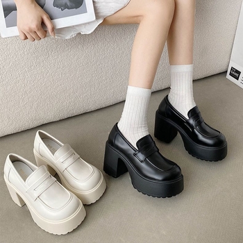 Ženske loaferice s okruglim vrhom, PU gornji dio, platforma, slip-on (srednja visina pete 3–5 cm)