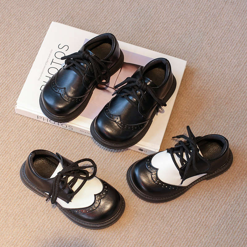 Mergaitėms skirti PU odiniai batai, britų stiliaus, guminė padas, priekinis raištis, amžius 1–12 metų.