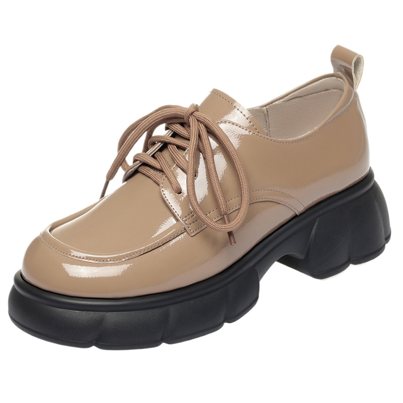 Ženske loafers u britskom stilu s okruglim vrhom, PU gornji dio, debeli potplat 3–5 cm, vezanje sprijeda