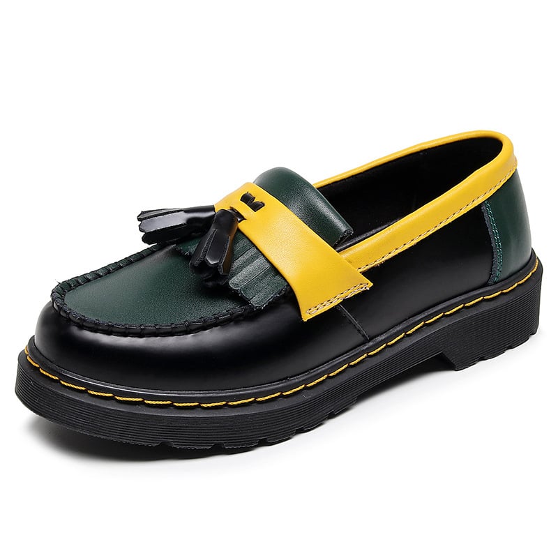 Loaferi dama din piele naturală cu ciucuri, vârf rotund, toc mic (1-3 cm), stil colegiu, pantofi casual